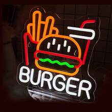 1pc LED Neon Sign Burger & Fries, Wall Art Decor, USB Powered Fast Food Neon Light, Suitable For Home, Restaurant, Bar, Man Cave Decoration, Plastic