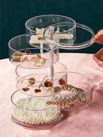 Boîte de rangement pour bijoux à plusieurs niveaux, 4/5 couches en plastique blanc pivotante, organiseur de rangement transparent anti-oxydation pour accessoires de cheveux, présentoir de maquillage et de bijoux de table, support rotatif pour organisateur de maquillage pour les femmes, rangement de voyage, fournitures scolaires, dortoir