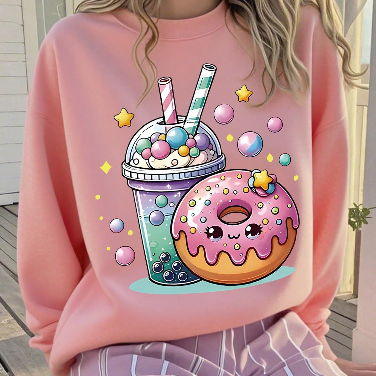 Pieza Sudadera de manga larga con estampado de donas y té de burbujas lindo para niñas, de tela suave, adecuada para uso casual en primavera y otoñ