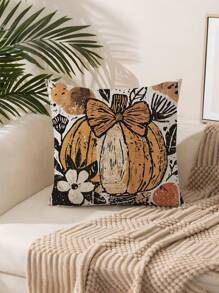 1 pieza Funda de cojín de otoño, estampado bohemio de calabaza fantasma y mapache, tela de poliéster con cremallera, estampado de una sola cara, sin inserto de cojín, decoración del hogar de otoño y Halloween, adecuado para el estilo rústico, patio exterior, sofá, cama, artículos para fiestas
