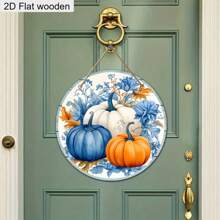 2D Flat, 1pc Charming Blue Colorful Flowers Pumpkin Pattern Wooden Sign Ornament Autumn Thanksgiving Hanging Decoration Ornament Festival Decoration Plaque Hanging Door Decoration Wall Decoration Home Decoration Holiday Gifts Thanksgiving Gifts