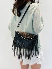 Túi đeo chéo da thời trang cổ điển, túi đeo vai phong cách Boho, túi đeo chéo tua rua đinh tán hình vuông, túi đeo chéo thông thường cho du lịch và hàng ngày, túi đeo chéo công sở di động Hobo Fringe Túi đeo chéo nhỏ - màu đen - Xem 5