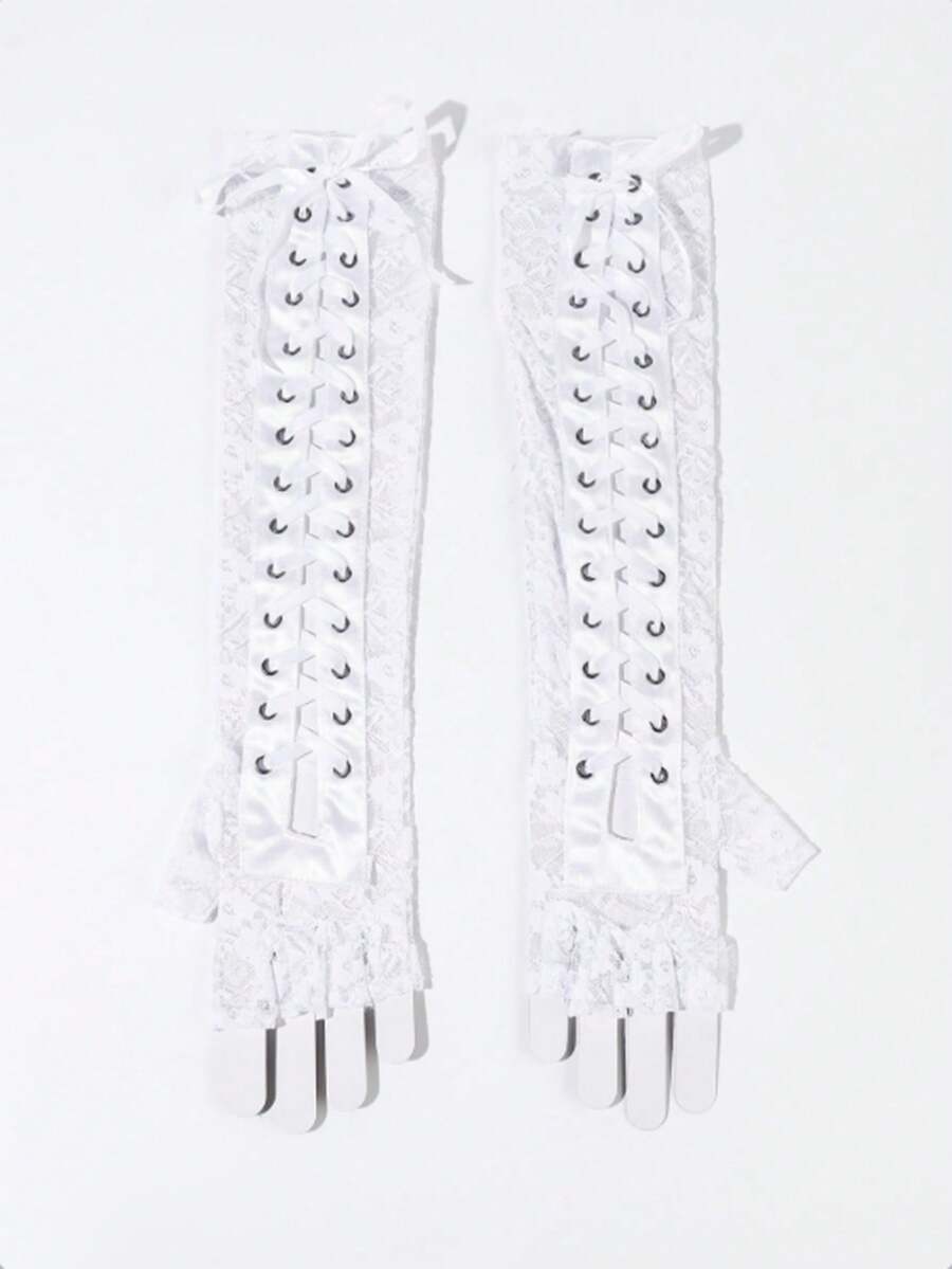 1 Pair Ladies' Lace-Up Wedding Long Gloves Summer - White - View 1