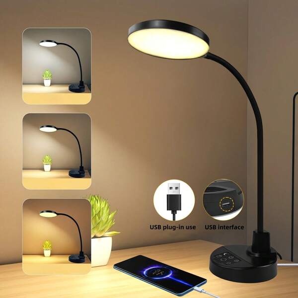 1PC Desk Lamp With USB Interface, Flexible Gooseneck Eye-Caring Table Lamp, 3 Color 5 Dimmable LED Night Light With Timers And Night Light Mode, Desk Lamp For Work, Reading, Bedroom, Office