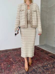 Button Detailed Skirt Set, Solid Color Casual Split Ribbed Button Co-Ord Set For Home Wear - Beige - View 1