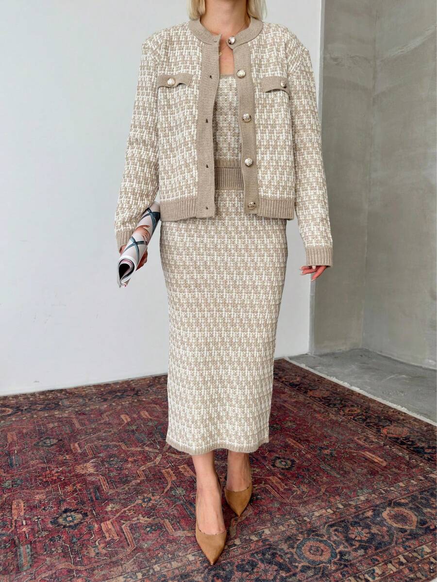 Button Detailed Skirt Set, Solid Color Casual Split Ribbed Button Co-Ord Set For Home Wear - Beige - View 1
