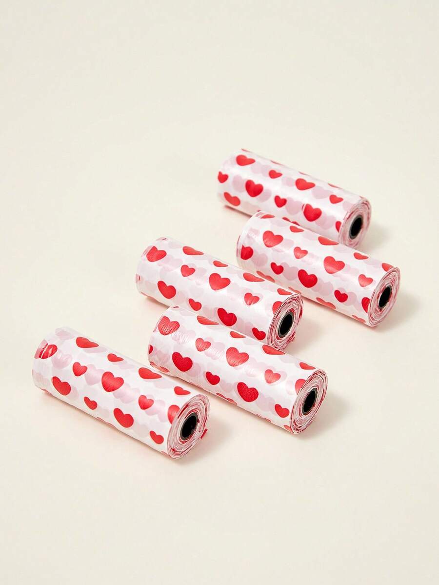 PETSIN 5 Rolls Of 75pcs Heart Shaped Pet Waste Bags (1 Roll=15pcs, Opened Size 30x22cm), Outdoor Portable Cleaning, Can Be Used As Car Trash Bags - Red and White - View 1