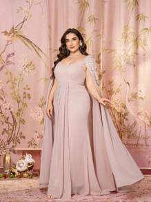 UNITHORSE Plus Size Women Sweetheart Collar Cape Poncho Sequin Sleeve Embroidery Waist Ruched Solid Color Chiffon Formal Dress, Bridesmaid Dress