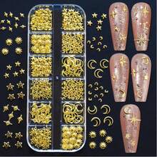 1Box Star, Heart, Triangle, Moon,Square Shaped Metallic Rivets, 3D Gold Punk Nail Art Decorations, 12 Grids Nail Sequins Charms DIY Nail Gems Nail Supplies