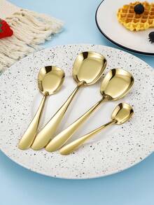 4pcs Stainless Steel Angled Handle Flat Spoon, Korean Style Ingot Shaped Dessert Spoons, Household Use - Multicolor - View 9