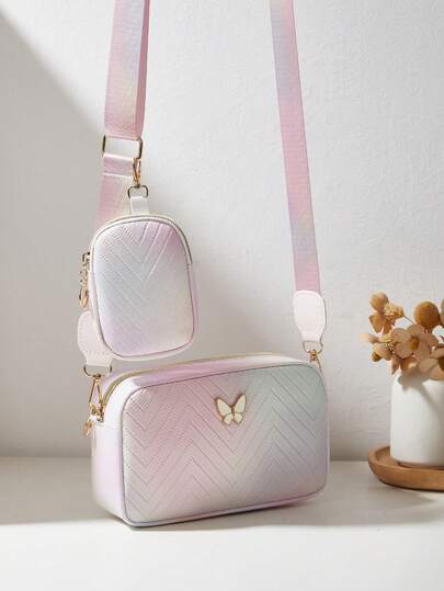 Set de 2 piezas Bolso bandolera cuadrado pequeño y monedero con decoración de mariposas en relieve