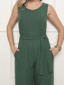 Women's Sleeveless Long Jumpsuit With High Waist Tie Belt And Side Pockets – Elegant And Comfortable - Màu xanh lá cây đậm - Xem 5