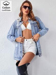 Pearl Beaded Button Open Long Sleeve Mid-Length Denim Jacket - Light Wash - View 5