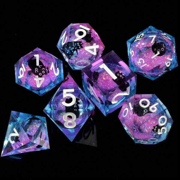 Liquid Core Cat Dice Set 7Pcs With Box- Sharp Edge Cute Cat Style Resin Dice For D&D, Roleplaying Games, RPG, MTG, Table Games D20 D12 D10 D8 D6 D4