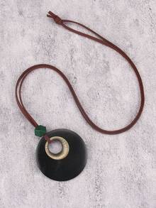 1 件复古木质吊坠项链，1 件简约复古圆形木质吊坠长项链，艺术风格毛衣链多功能配饰，适合作为送给长辈和母亲的新年礼物