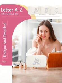 Borsa da trucco ottagonale da donna in PU con lettere, borsa cosmetica portatile in chenille con lettera iniziale in PU, impermeabile, per il viaggio, con cerniera, adatta per la decorazione della casa in autunno, atmosfera bohémien, vacanze, spiaggia, bagno, camera da letto, grande capacità