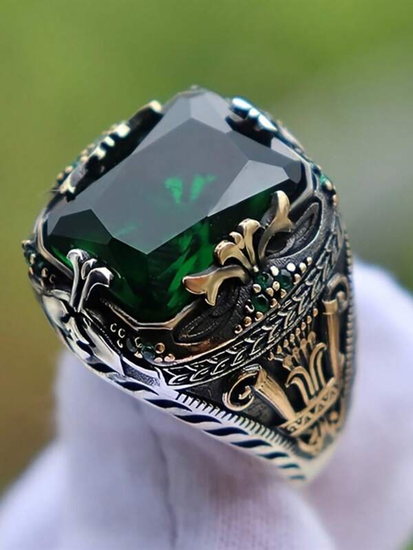 1 Vintage Green Synthetic Zirconia Ring For Men - Intricate Dragon And Flower Design, Alloy Metal Jewelry For Parties And Formal Events, Unique Gift For Him