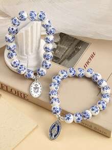 1pc Virgin Mary Letter Cross Geometry Star Heart Beaded Pendant Bracelet, Multicolor Natural Stone & Metal, Elegant For Party & Chinese Style
