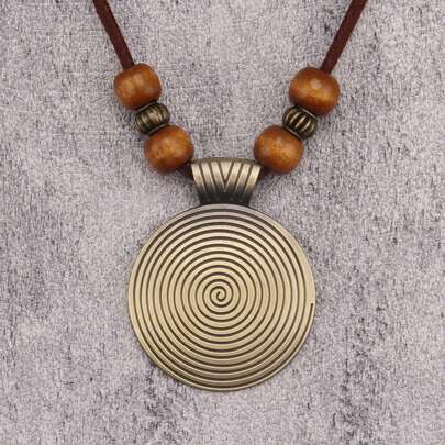 1pc Beaded & Geometric Metal Alloy Long Necklace, Retro Style For Women