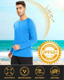 Men's Long Sleeve Shirts UPF 50+ UV Sun Protection Athletic Shirts For Hiking Running Workout Rash Guard-2025 - Azure - View 5