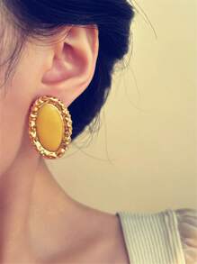 1 par de aretes de mujer con diseño geométrico ovalado de esmalte amarillo, pendientes minimalistas y elegantes para fiesta, boda, banquete, viaje, regalo de joyería