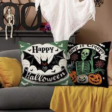 4 件万圣节快乐装饰抱枕套 16 X16 英寸 / 18 X18 英寸 / 20 X20 英寸，不给糖就捣蛋杰克灯笼南瓜黑猫户外门廊家居装饰，老哥特式骷髅鬼蝙蝠沙发靠垫套 - 綠橙黑 - 查看 3