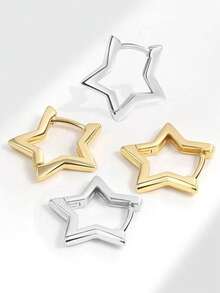 1 Pair Star Shaped Hoop Earrings, Suitable For Women's Daily And Festival Wear - Silver - View 5