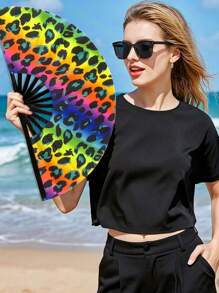 13 Inch Fluorescent Folding Fan - Glow-In-The-Dark Gothic Sun & Moon Constellation Design, Vibrant Rainbow & Leopard Print Fan,Large Black PP Material For Halloween, Raves, Clubs, Concerts, Themed Parties, Cosplay, Costume Props, Gifts, And Dance Events, Halloween Decorations, Without Battery