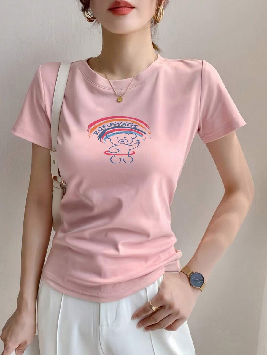 Women's Casual Versatile Graphic Print Crew Neck Short Sleeve T-Shirt, New For Summer - 粉色 - 查看 1