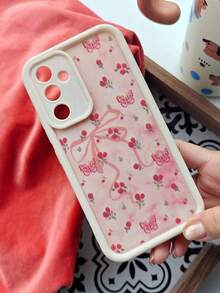 Cherry 1pc Pink Floral Bow Cute Cartoon Soft Full Coverage Anti-Drop Phone Case, Compatible With Samsung S25/24/23/22/21 And Apple 11/12/13/14/145/16/16 Pro Max,International Version, Not The Domestic Version - Multicolor - View 2
