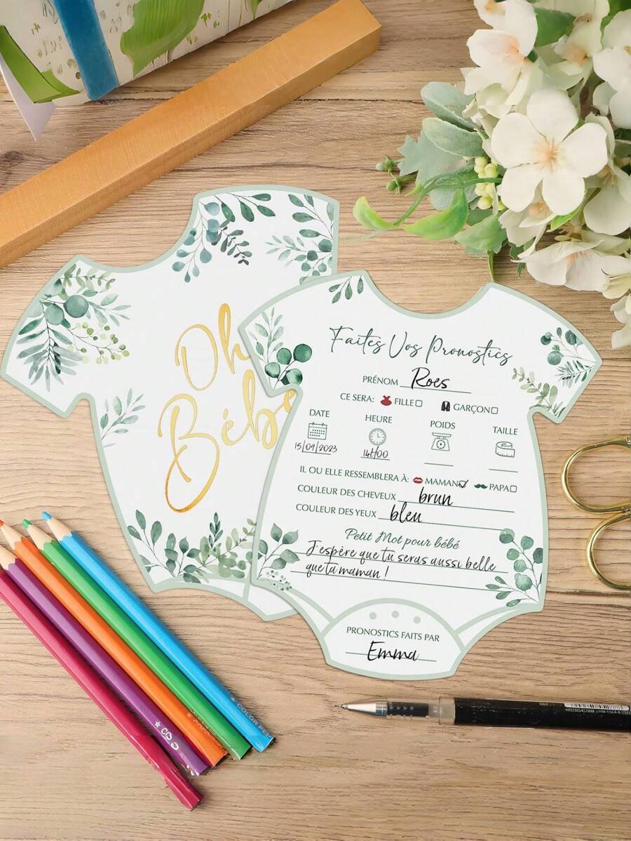 Set de 20 tarjetas de adivinación de la ducha francesa para bebés, revelación de género, juego para bebés, perfecto para padres primerizos, de alta calidad, con diseño de plantas verdes