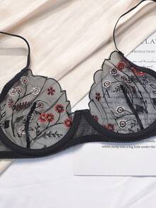 1 Set Spitze Stickerei Bügel-Push-Up Verstellbarer BH und String Set, sexy & stützend für den täglichen Gebrauch