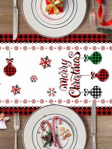 1pc Red And Black Checkered Border With Tree Balls Pattern Polyester Christmas Table Runner, 35*180cm, Christmas Table Cloth Table Runner Decor Perfect For Christmas Decor Home, Christmas Party, Christmas Party Decor, Merry Christmas Decorations 2026, Xmas Decorations Holiday, Christmas Stuff, Party Decoration Supplies, Family Holiday