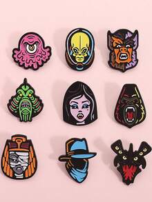 9Pcs Cartoon Anime Horror Characters Enamel Pin Mysterious Fantastical Green Alien Creature Mummy Gothic Animal For Kid'S - one-size - View 2