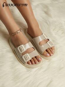 女士时尚平底拖鞋，户外沙滩拖鞋，时尚双扣拖鞋，室内防滑凉鞋 - 米色 - 查看 4
