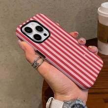 Pink Striped, Minimalist, Dual-Layer Protective Phone Case For Iphone 16 Pro Max, 15 Pro, 13, 11, 12, XS Glossy 2-In-1 - 白色 - 查看 7