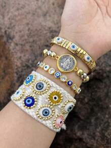 1 pieza Brazalete de acero inoxidable con cuentas de cobre con el ojo de Turquía y la Virgen María, un amuleto de la suerte de moda, adecuado para uso diario y fiesta de mujeres