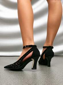 Ladies Fashion Retro Mesh Hollow Geometric Pattern Pointed Toe Thick High Heels Shoes Urban Evening Style Black Suede Stitching High Heels - Black - View 7