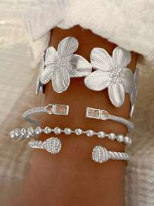 2pcs Retro Elegant Bohemian Floral Bow Adjustable Open Bangle Bracelet, Vintage Rustic Simple Personalized High-End Basic Stacking Jewelry For Women, Suitable For Daily Outfit, Gift For Friends, Family, Girlfriend, Valentine's Day, Mother's Day, All Season