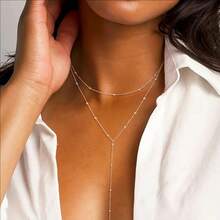 1 Double-Layer Stackable Gold And Silver Long Tassel Female Y-Shaped Round Bead Clavicle Necklace