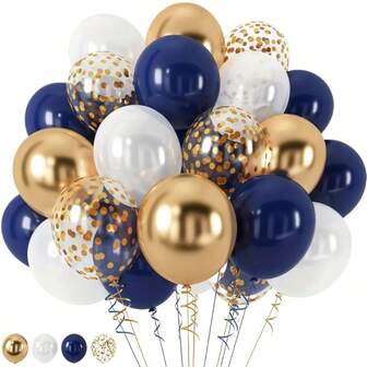 40pcs Navy Blue, White & Gold Metallic Sequins Latex Balloons - Elegant Metallic Finish Balloons For Weddings, Birthdays, Celebrations & Graduations | Latex Party Balloons, Birthday Decor