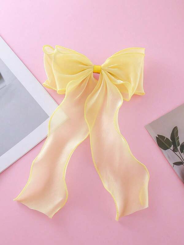 1pc Yellow Mesh Oversized Bowknot Wavy Ribbon Hair Clip, Elegant Soft Summer Hair Accessory, Ideal For Beach Parties And Back-To-School Style, School Stuff