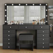 FUSOU 13 Drawers Vanity Desk, Makeup Vanity With Power Outlet, Vanity Table With Mirror And 13 LED Bulbs, 3 Color Lighting Modes, Glass Top, Dressing Table For Bedroom - 查看 1