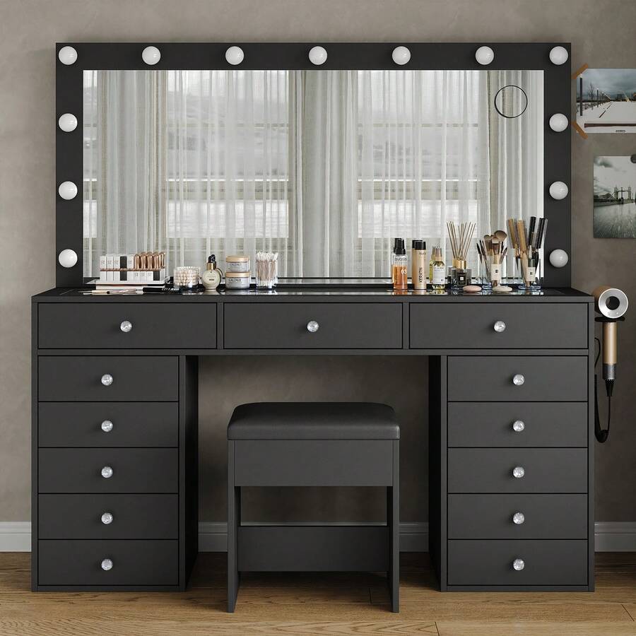 FUSOU 13 Drawers Vanity Desk, Makeup Vanity With Power Outlet, Vanity Table With Mirror And 13 LED Bulbs, 3 Color Lighting Modes, Glass Top, Dressing Table For Bedroom - 查看 1