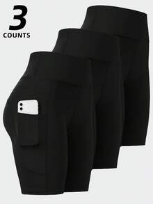 3-Pack Women's High-Waisted Workout Shorts - 5" Biker Shorts Design With Tummy Control & Side Pockets, Breathable & Quick-Dry For Yoga, Running & Gym - 3件 - 查看 1