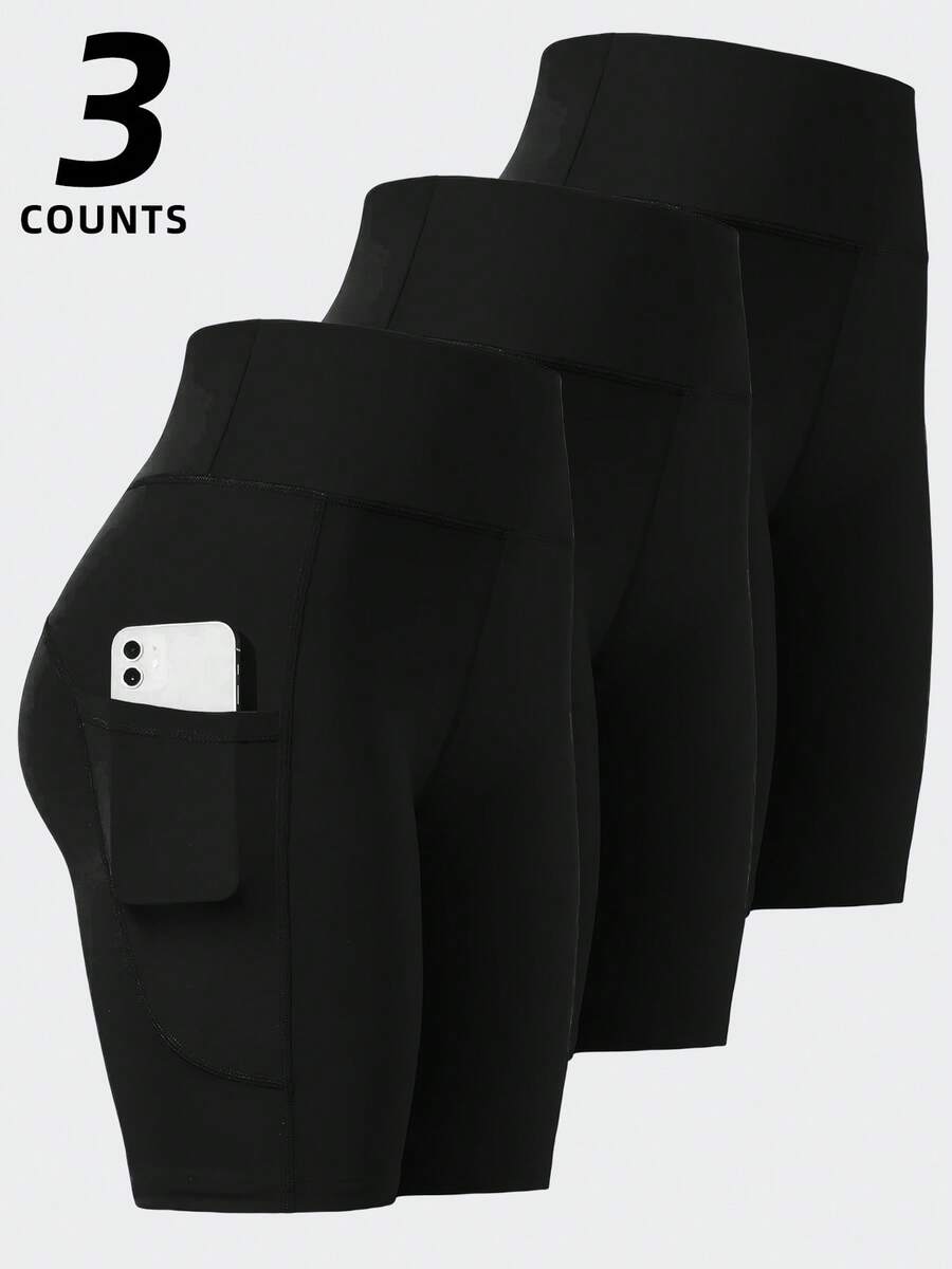 3-Pack Women's High-Waisted Workout Shorts - 5" Biker Shorts Design With Tummy Control & Side Pockets, Breathable & Quick-Dry For Yoga, Running & Gym - 3件 - 查看 1