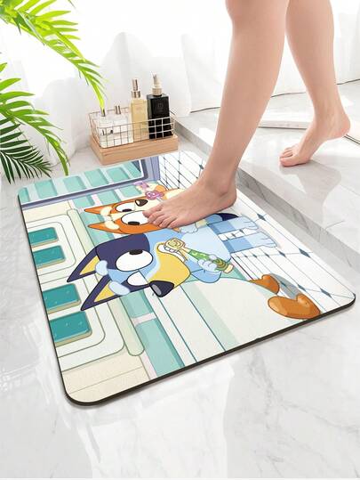  1pc Bluey Soft Silicone Absorbent Non-Slip Mat, Featuring Bluey Spring Cleaning Pattern, Washable Anti-Slip Carpet/Mat For Bathroom, Living Room, Bedroom, Entryway, Kitchen, Game Room, Study, Home Decor