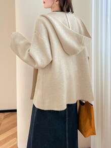 Alicedudu Women's Minimalist Style Hooded Loose Cardigan Jacket, Autumn/Winter - Apricot - View 3