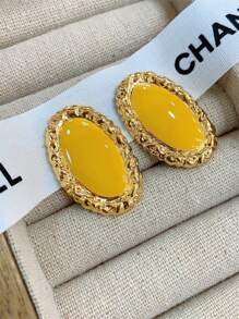 1 par de aretes de mujer con diseño geométrico ovalado de esmalte amarillo, pendientes minimalistas y elegantes para fiesta, boda, banquete, viaje, regalo de joyería