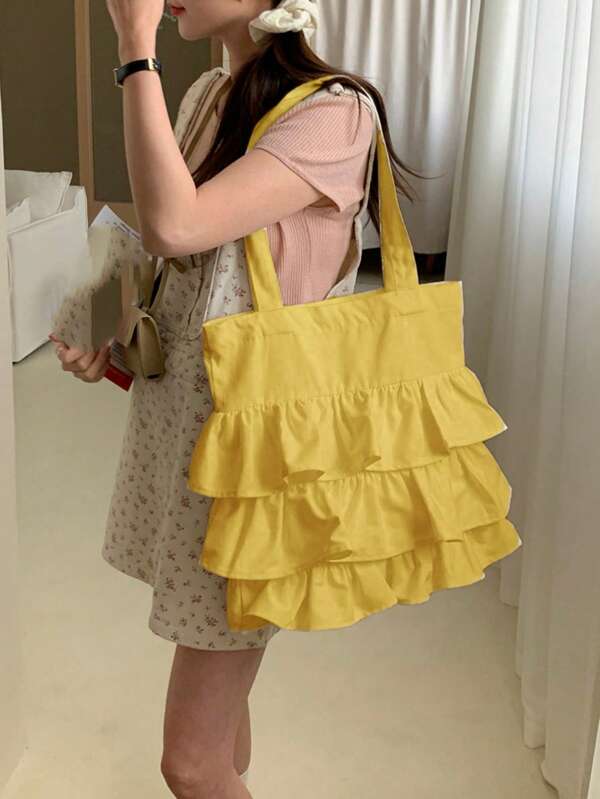 2024 Summer New Forest Ruffle Shoulder Canvas Bag, Korean Version Literature & Art Student School Bag, Gentle Girl Canvas Tote